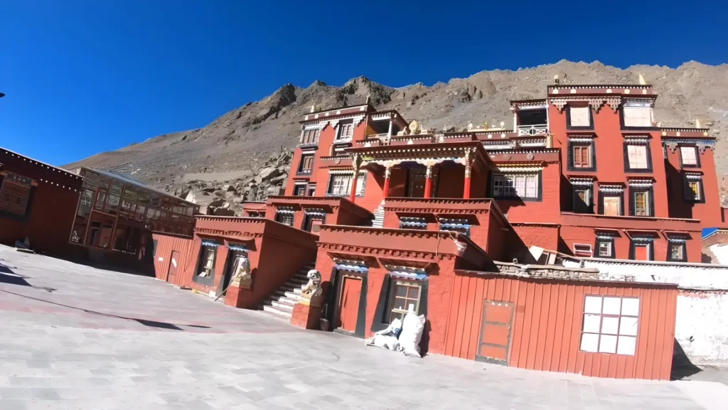 Drirapuk Monastery in Ngari, Tibet is an ancient Buddhist monastery on the Mount Kailash Kora path with a traditional stone exterior.