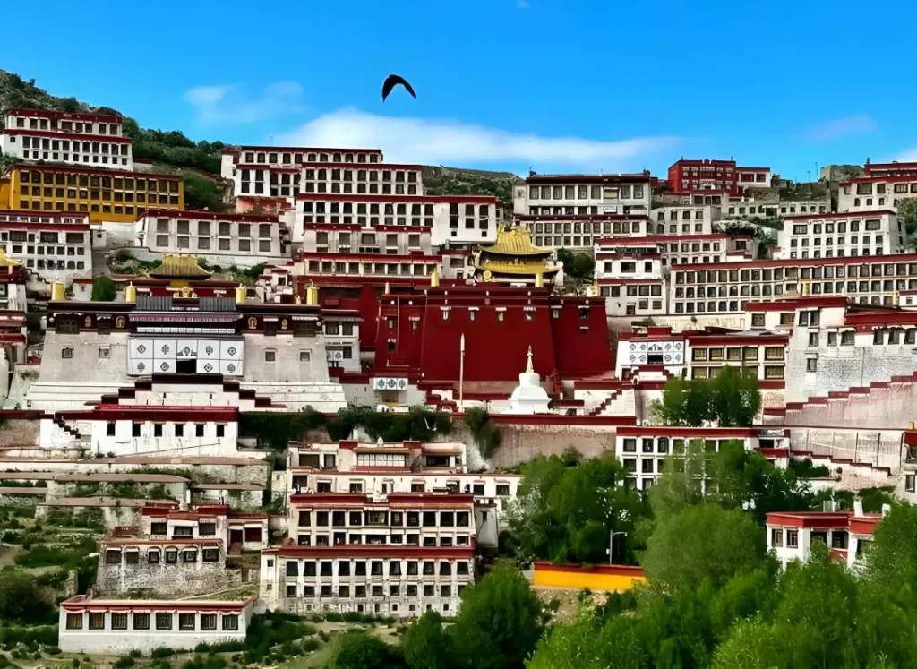 Tashilhunpo Monastery Tibet is a historic Buddhist temples in Shigatse, traditional Tibetan monastery golden roof exterior.