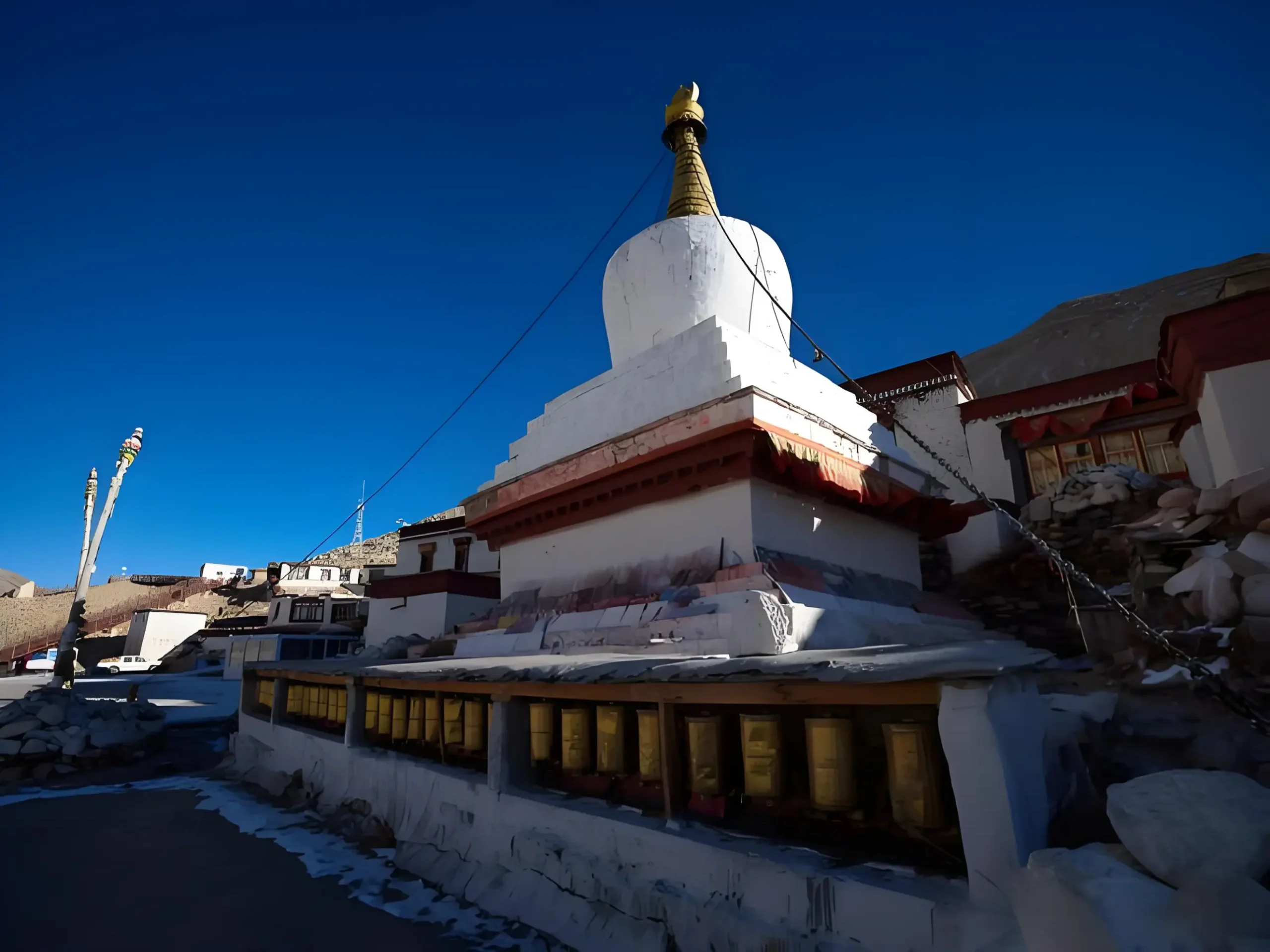Rongbuk Monastery Tibet is highest Buddhist temples in the world and is located at Mount Everest base camp monastery exterior, traditional Tibetan stupa.
