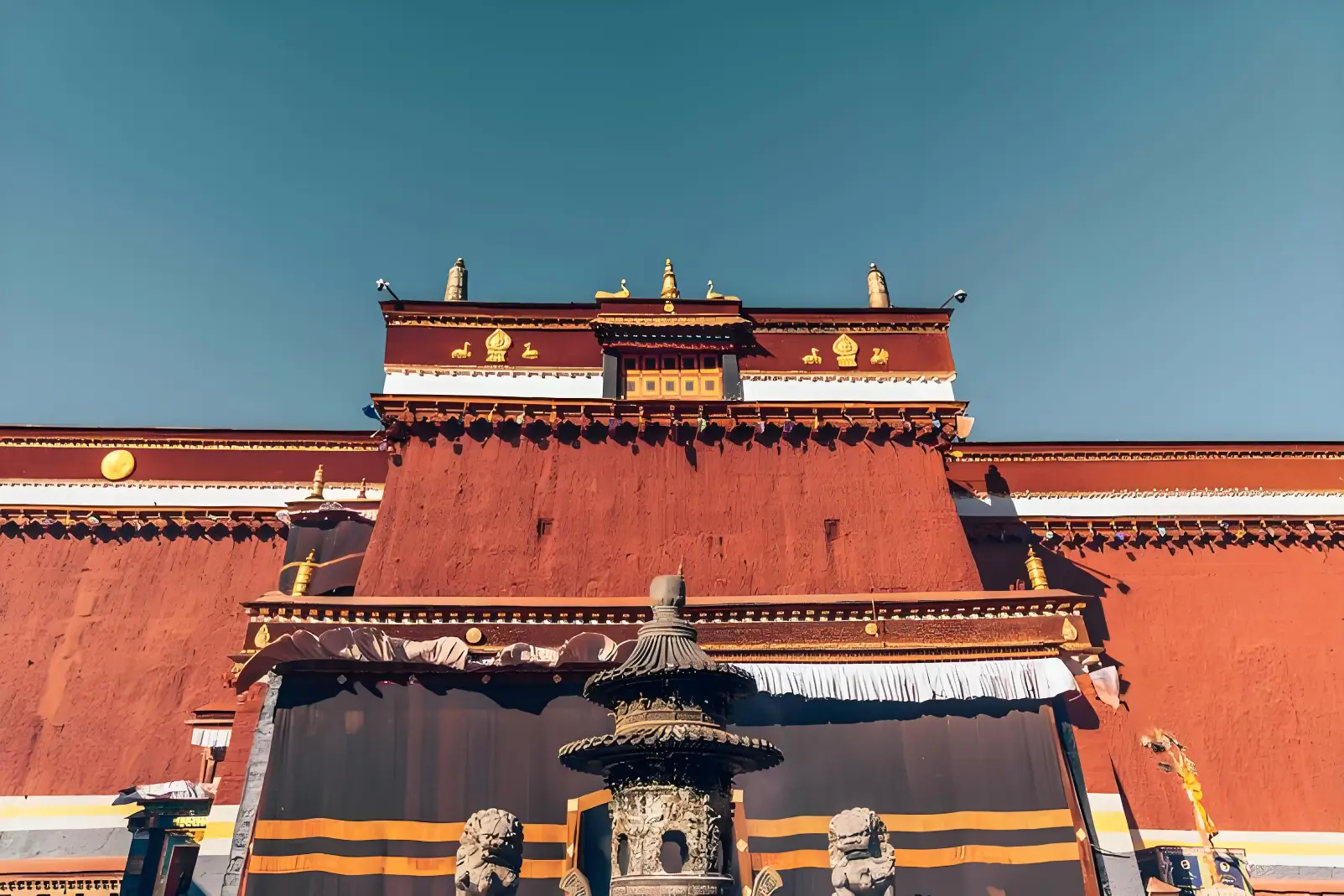 Architecture of Sakya monastery Tibet, an ancient Buddhist temple of Shigatse region, traditional Tibetan castle-like fortress exterior.