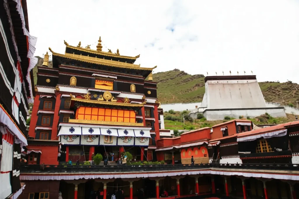 Tashilhunpo Monastery Tibet architecture is historic Buddhist temples in Shigatse, traditional Tibetan monastery golden roof exterior.