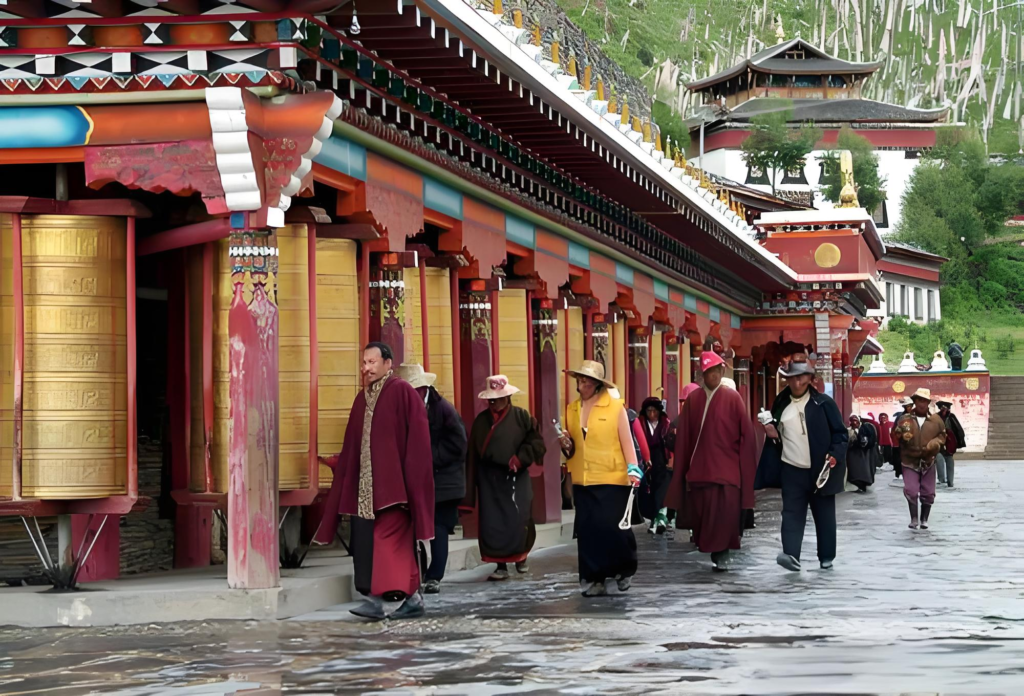 A group of TIbetan performing kora, clockwise direction, in Labrang Monastery