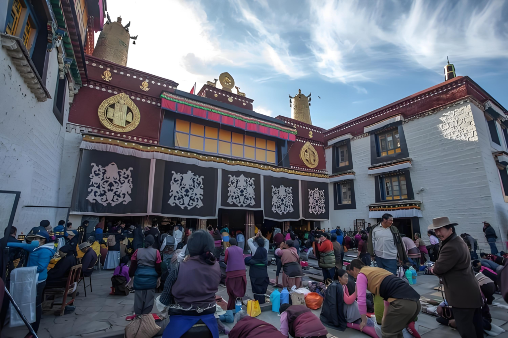 group of Tibetans are praying at Jokhang Temple