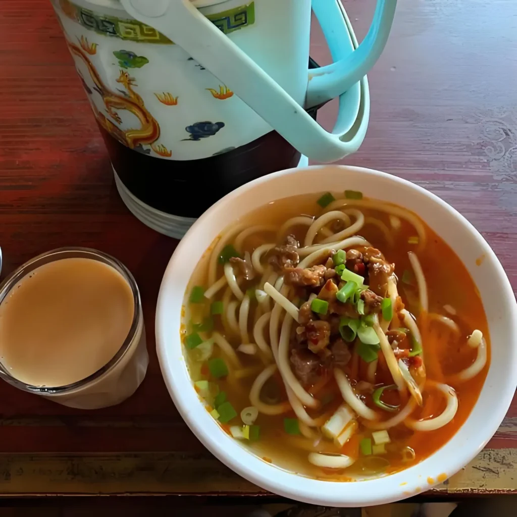 Tibetan Sweet Tea, aka Yak Butter Tea,
with noodles