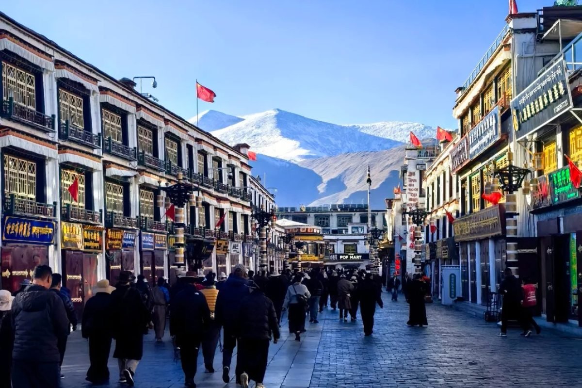 image shows the barkhor street. a popular tourist destination in Tibet Trips and Tours